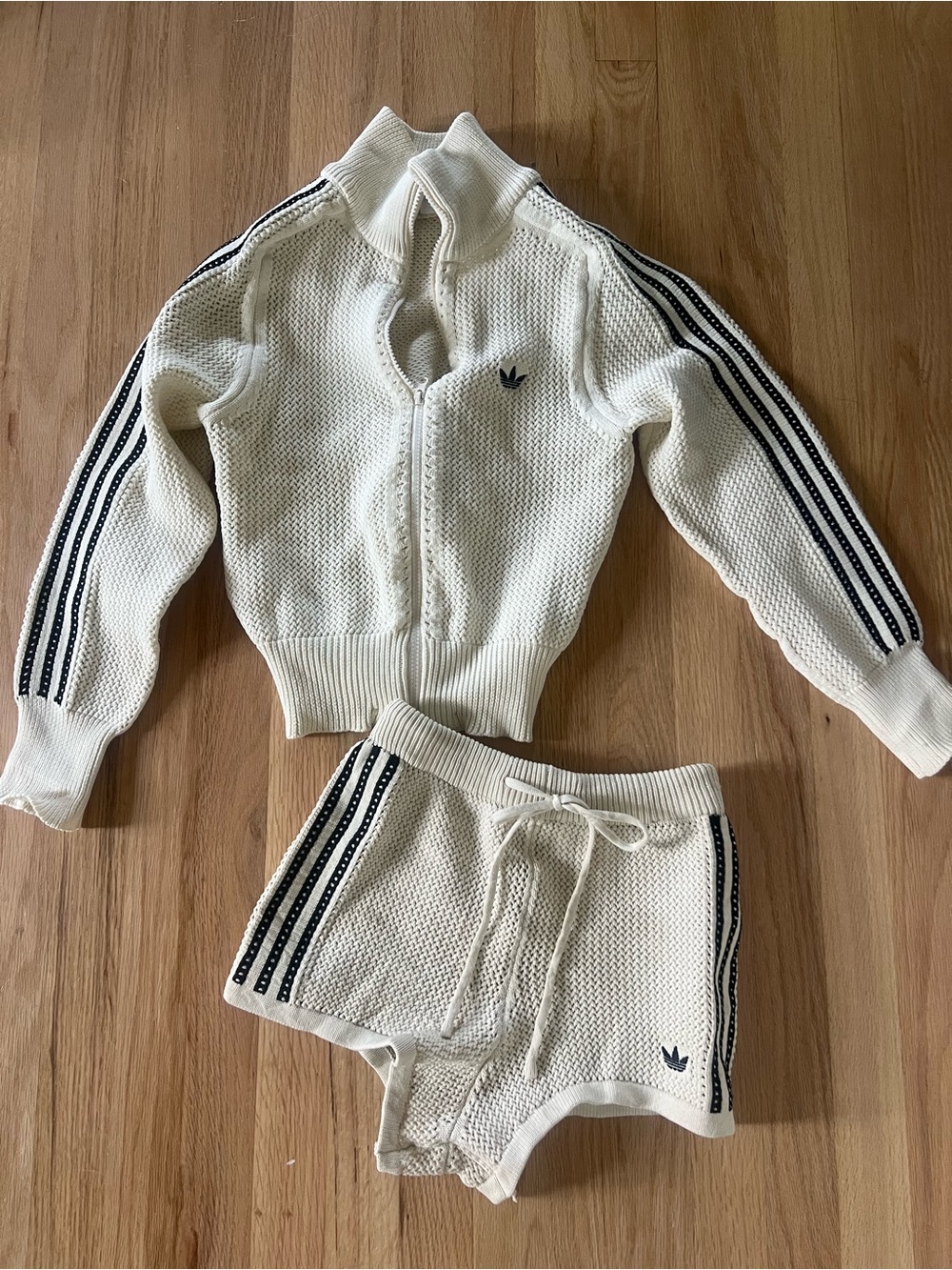 adidas Knitted Crochet Firebird Track Top and matching knit shorts